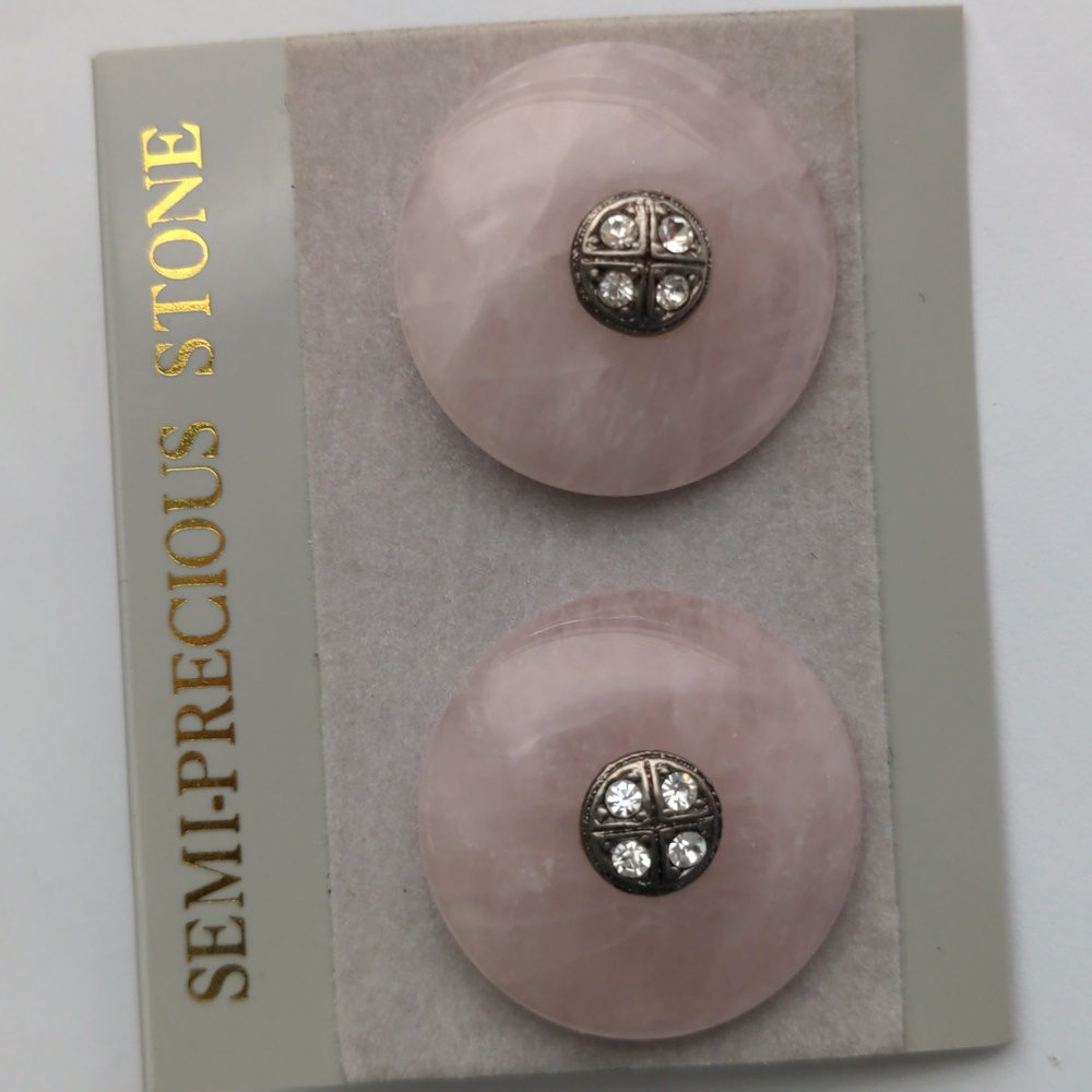 Rose Quartz Stud Earrings.  New,  Round With Crystal Accents, Pink, Macy's, NWT